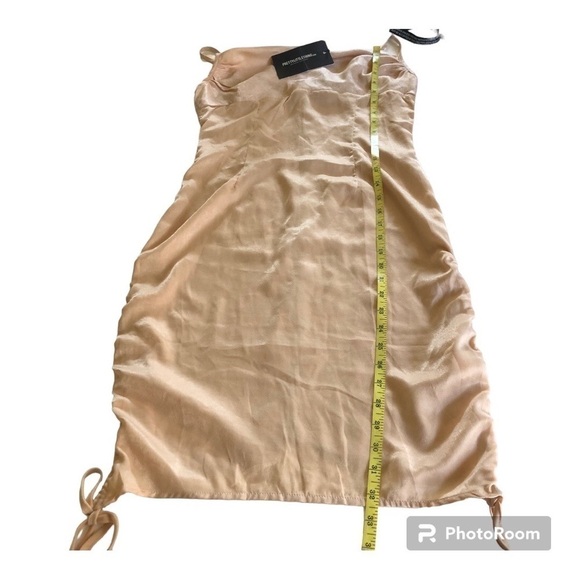 PrettyLittleThing Champagne Satin Cowl Ruched Side Strappy Bodycon Dress Sz 4 - Picture 14 of 16